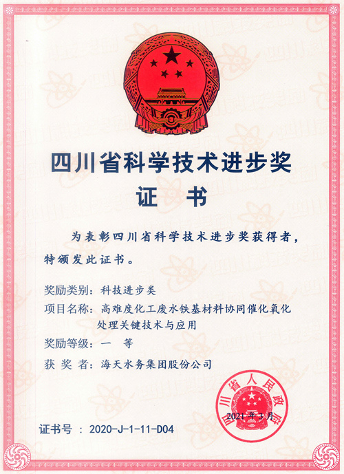 四川省科学技术进取奖-项目名称高难度化工废水铁基资料协同催化氧化处置关键技术与利用一等获焦剡博天堂